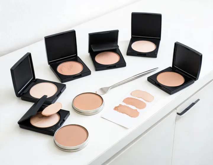 pressed powder with spf on a cosmetics bench, illustration only